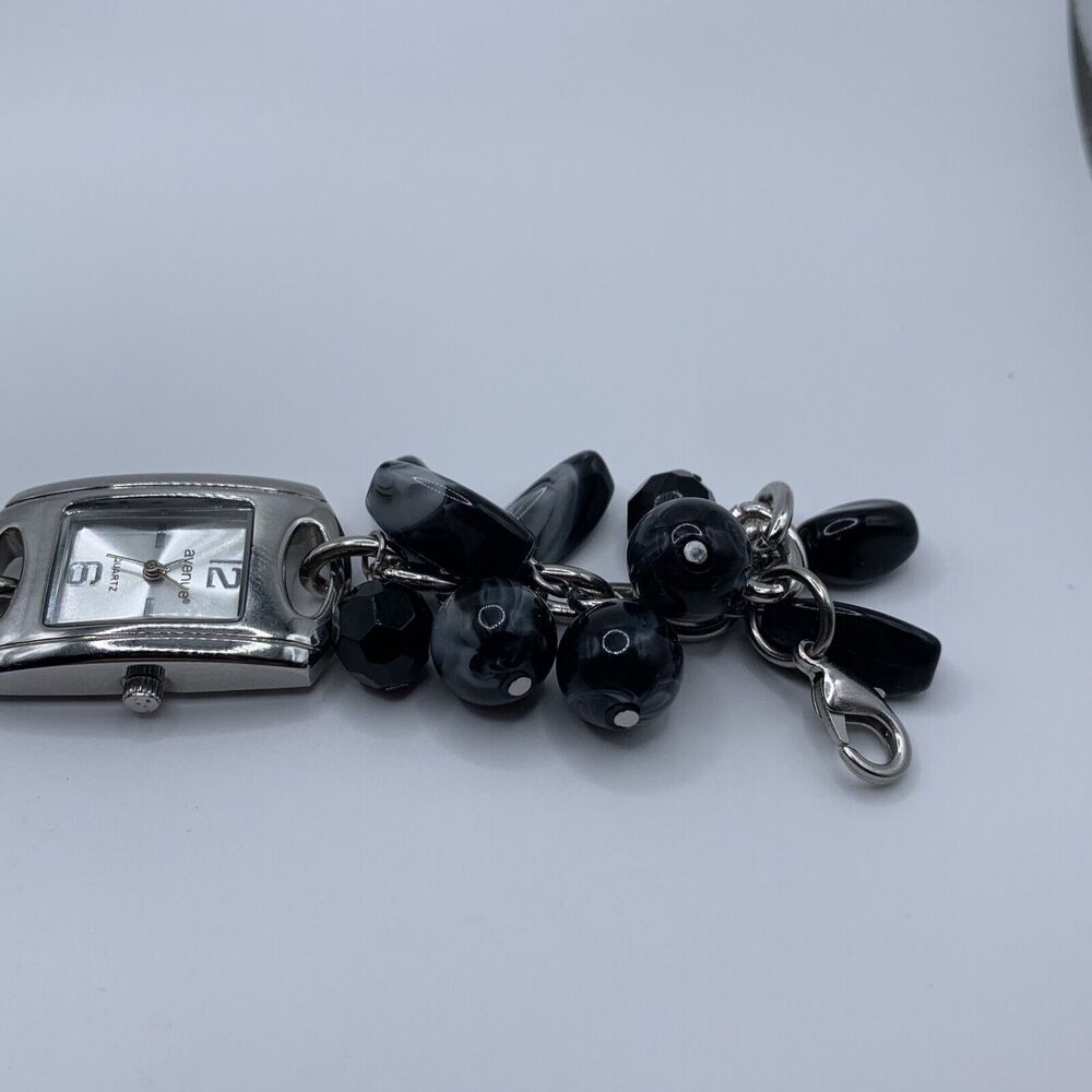Vintage AVENUE Womens Silver Tone Black Gray Bead Bracelet Quartz Watch A56 - Picture 6 of 8